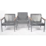 SET OF THREE RETRO VINTAGE 1060 BLACK LEATHERETTE LOUNGE CHAIRS