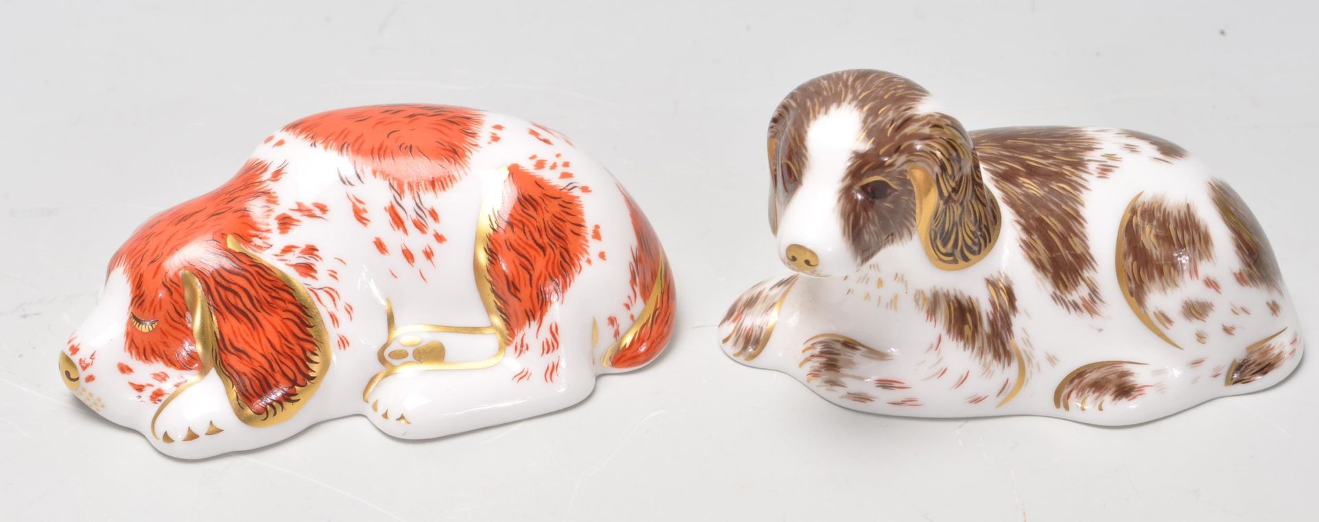 TWO ROYAL CROWN DERBY GOLD STOPPER DOG PAPERWEIGHTS