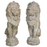 PAIR OF 20TH CENTURY RECONSTITUTED STONE LION STATUES
