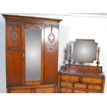 1920'S JACOBEAN REVIVAL OAK BEDROOM SUITE - WARDROBE ETC