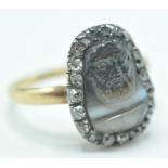 GEORGIAN CARVED AGATE AND DIAMOND CAMEO RING