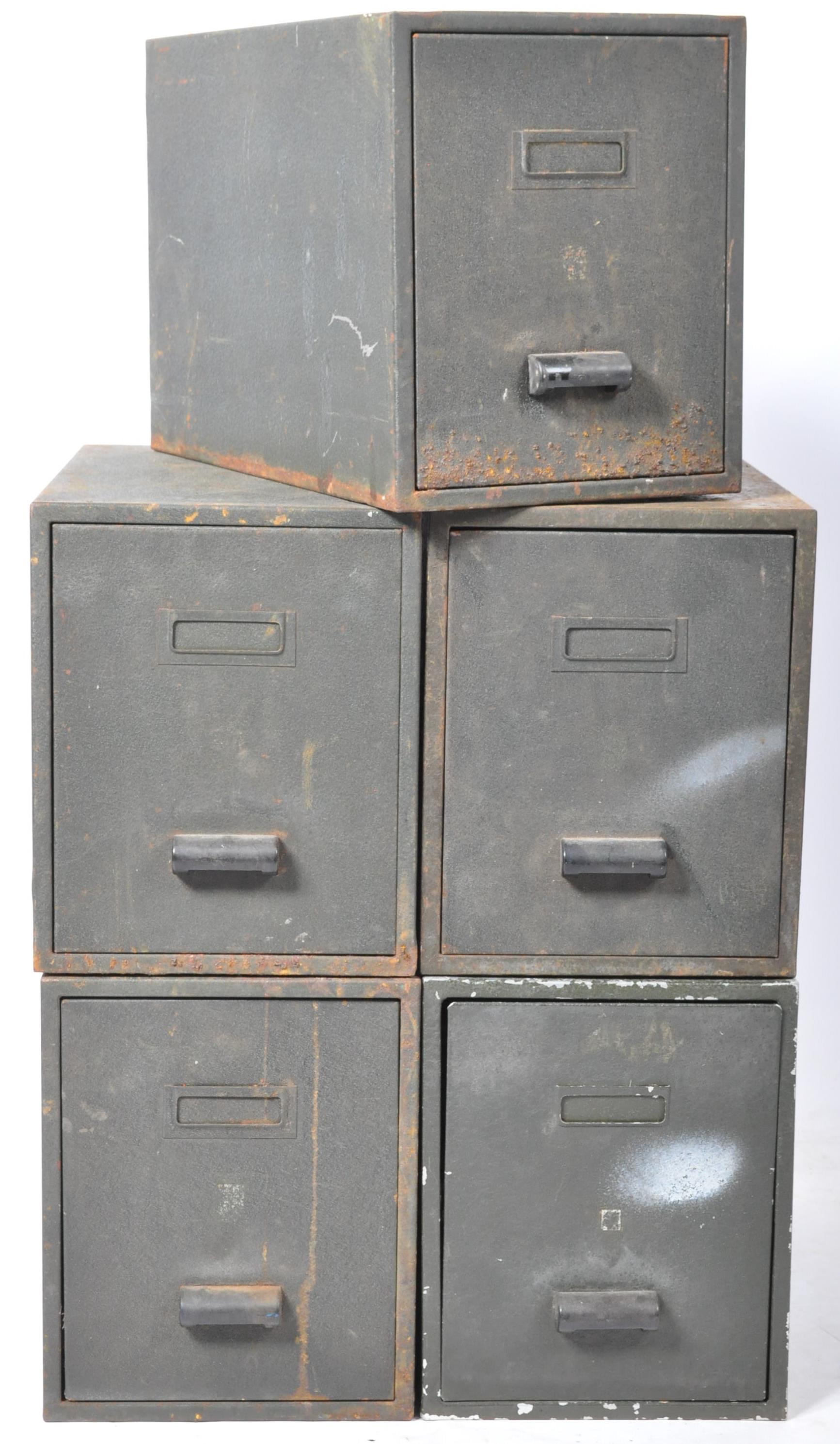 STACK OF FIVE GREEN PAINTED METAL INDUSTRIAL DRAWERS