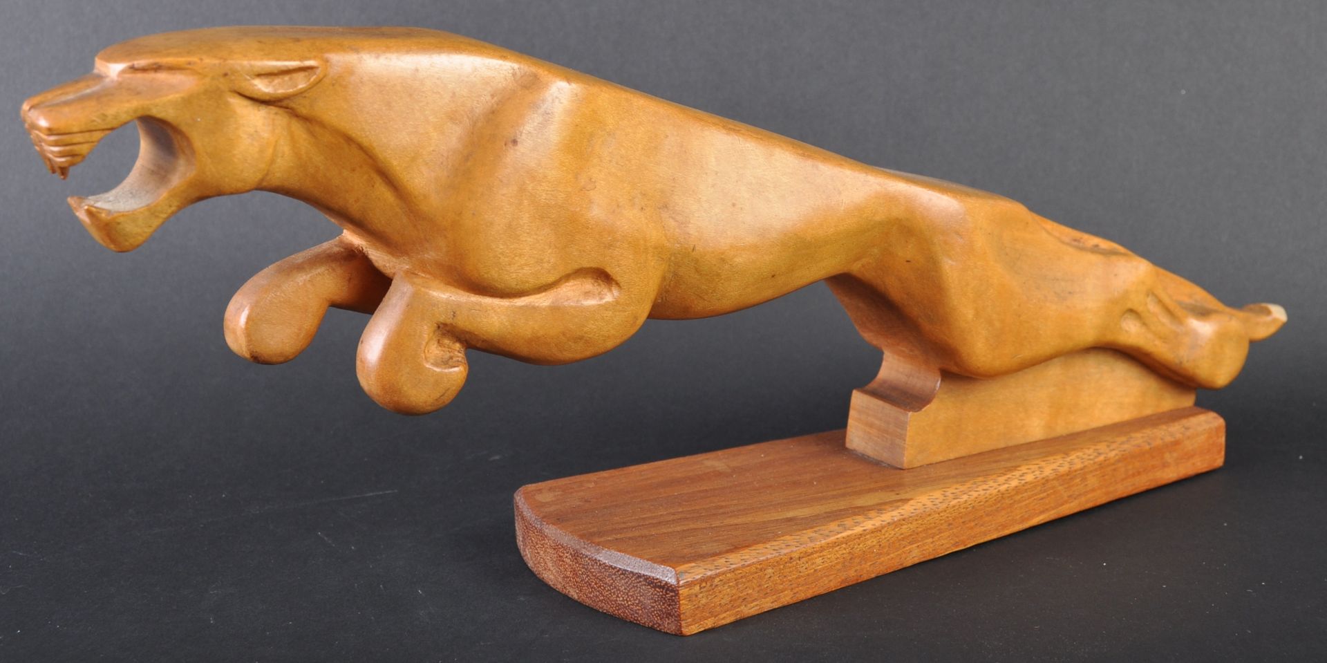 JAGUAR - LARGE CARVED JAGUAR WOODEN LEAPER MASCOT