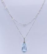 GOLD PEARL & AQUAMARINE PENDANT AND NECKLACE CHAIN