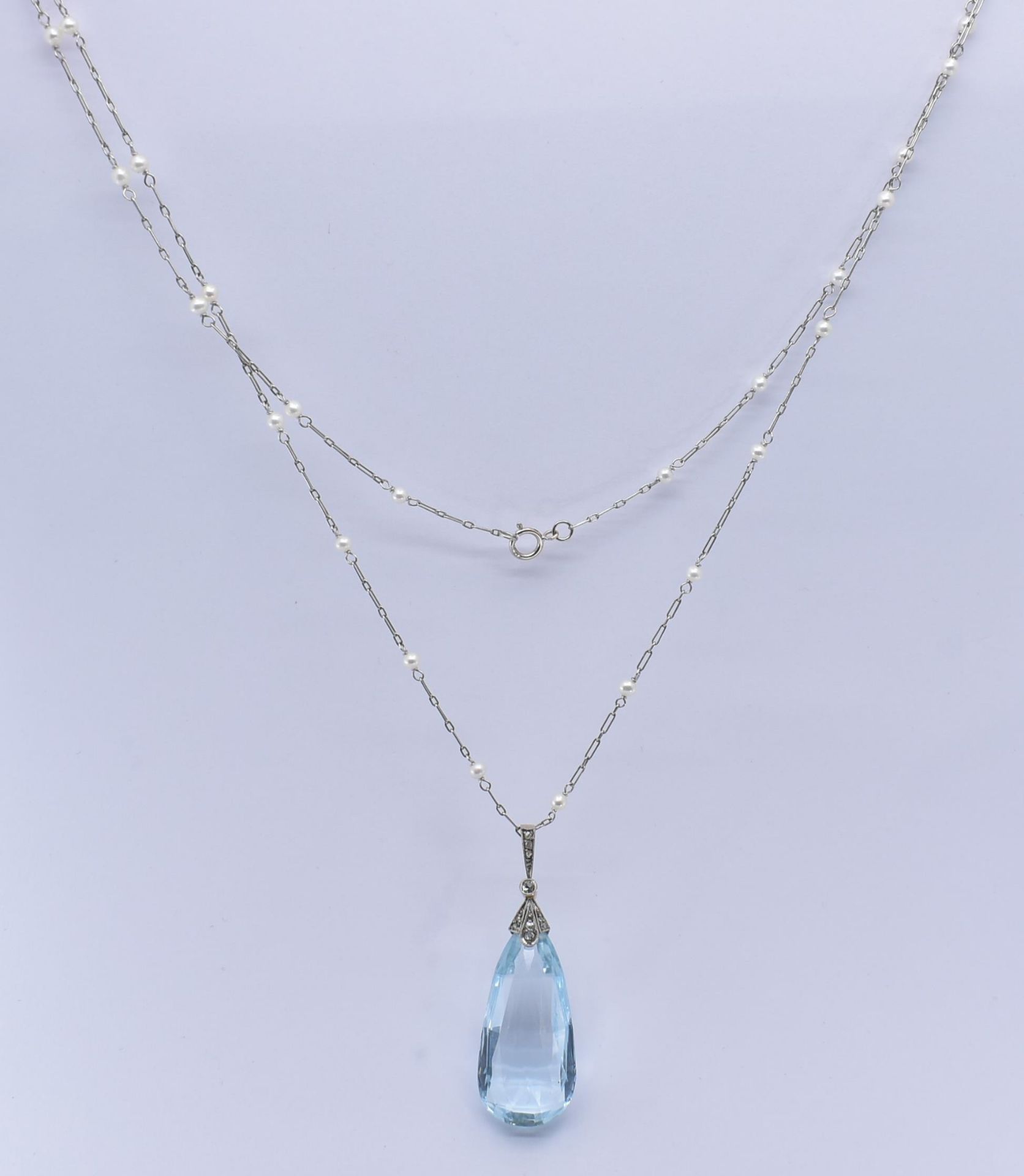 GOLD PEARL & AQUAMARINE PENDANT AND NECKLACE CHAIN