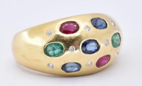 FRENCH 18CT GOLD RUBY EMERALD AND SAPPHIRE DOME RING