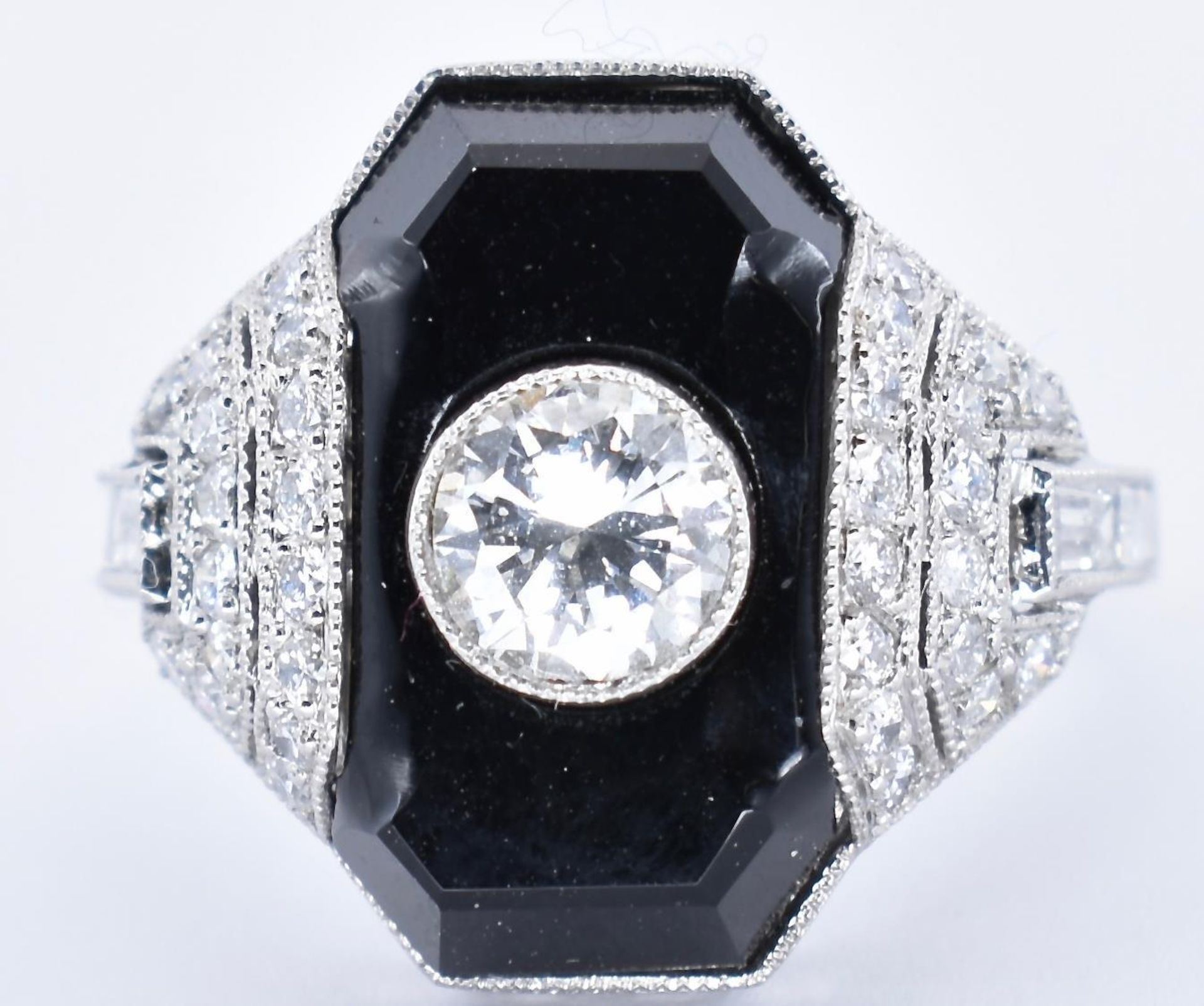 PLATINUM, ONYX AND DIAMOND ART DECO DRESS RING - Image 2 of 11