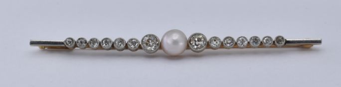 14CT GOLD PEARL & DIAMOND BAR BROOCH