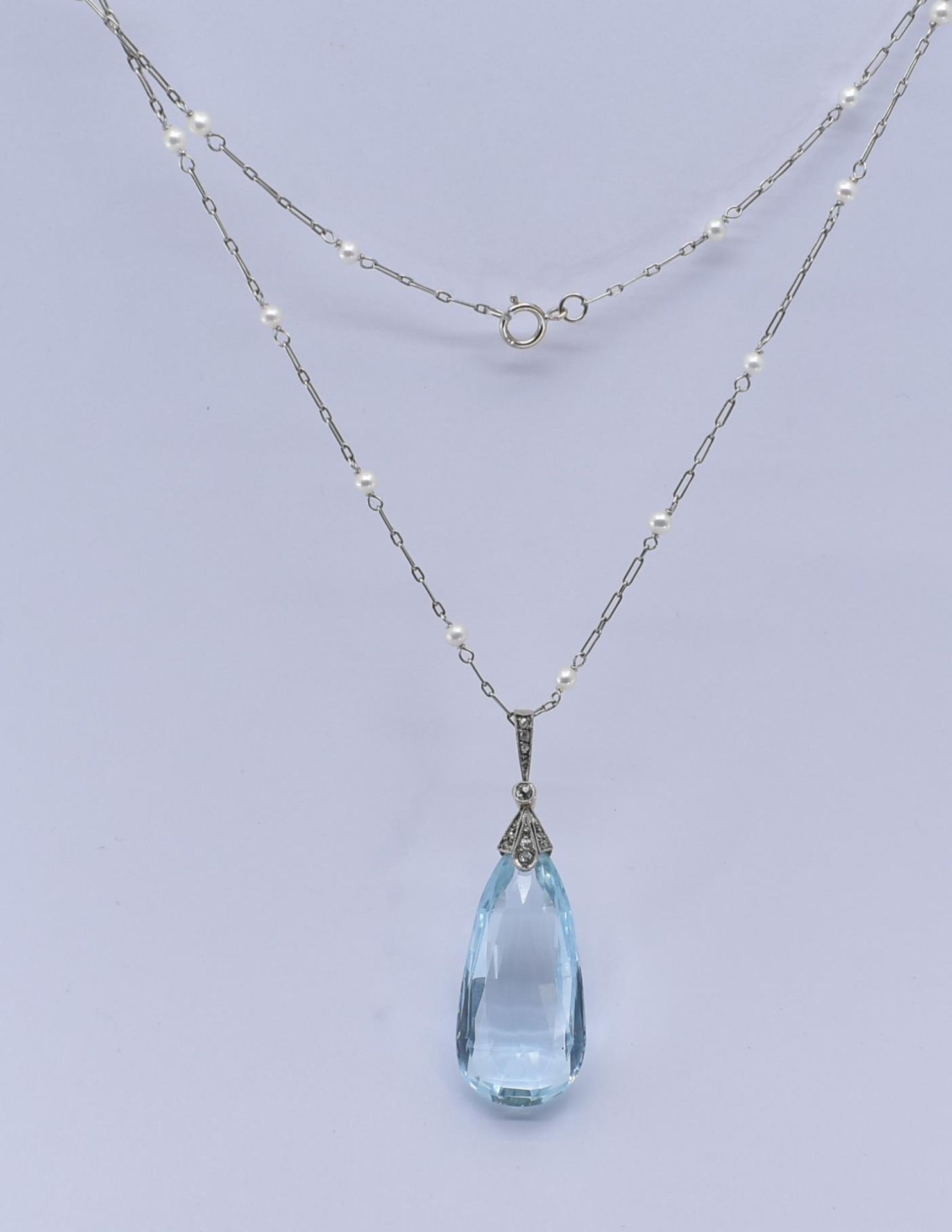 GOLD PEARL & AQUAMARINE PENDANT AND NECKLACE CHAIN - Image 2 of 6