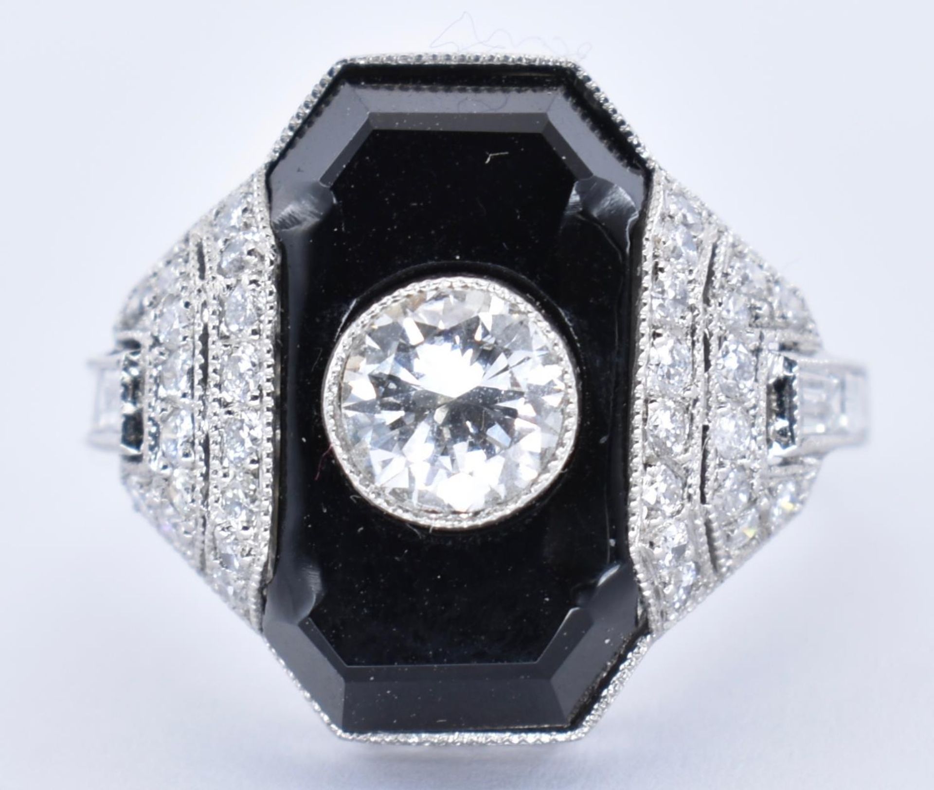 PLATINUM, ONYX AND DIAMOND ART DECO DRESS RING - Image 9 of 11