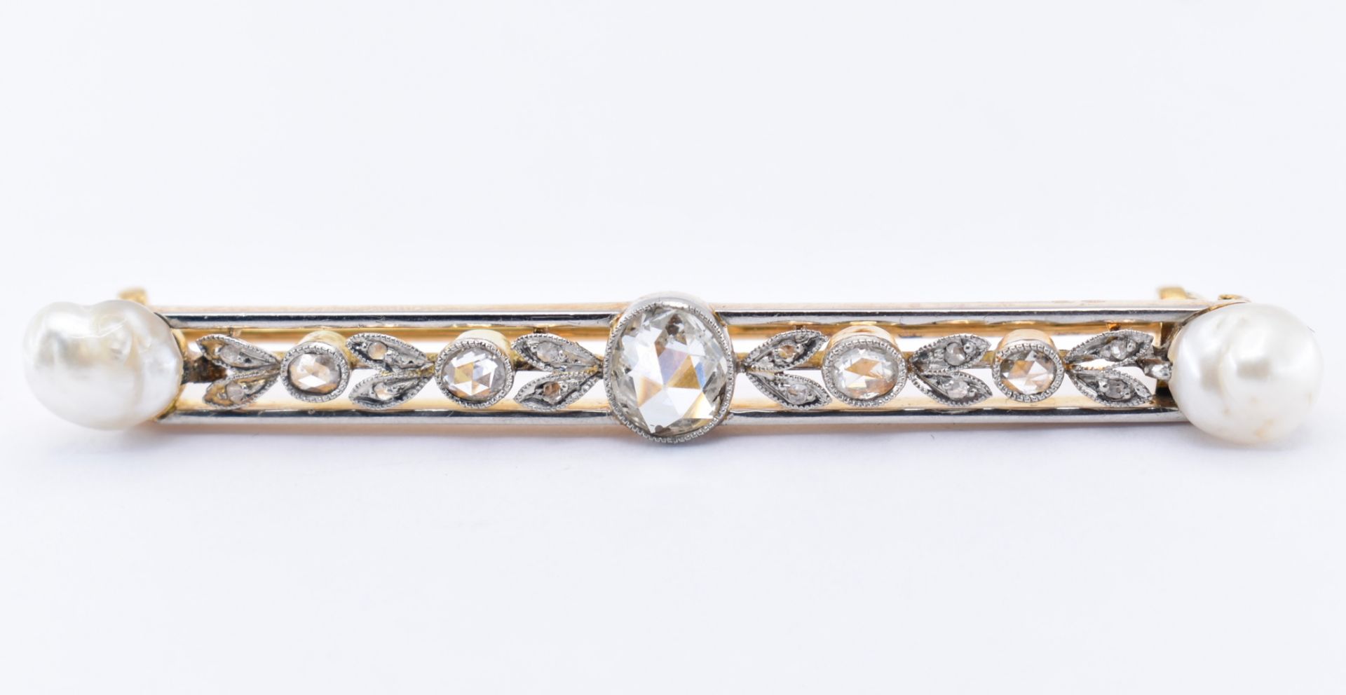 FRENCH 18CT GOLD PLATINUM PEARL DIAMOND BAR BROOCH