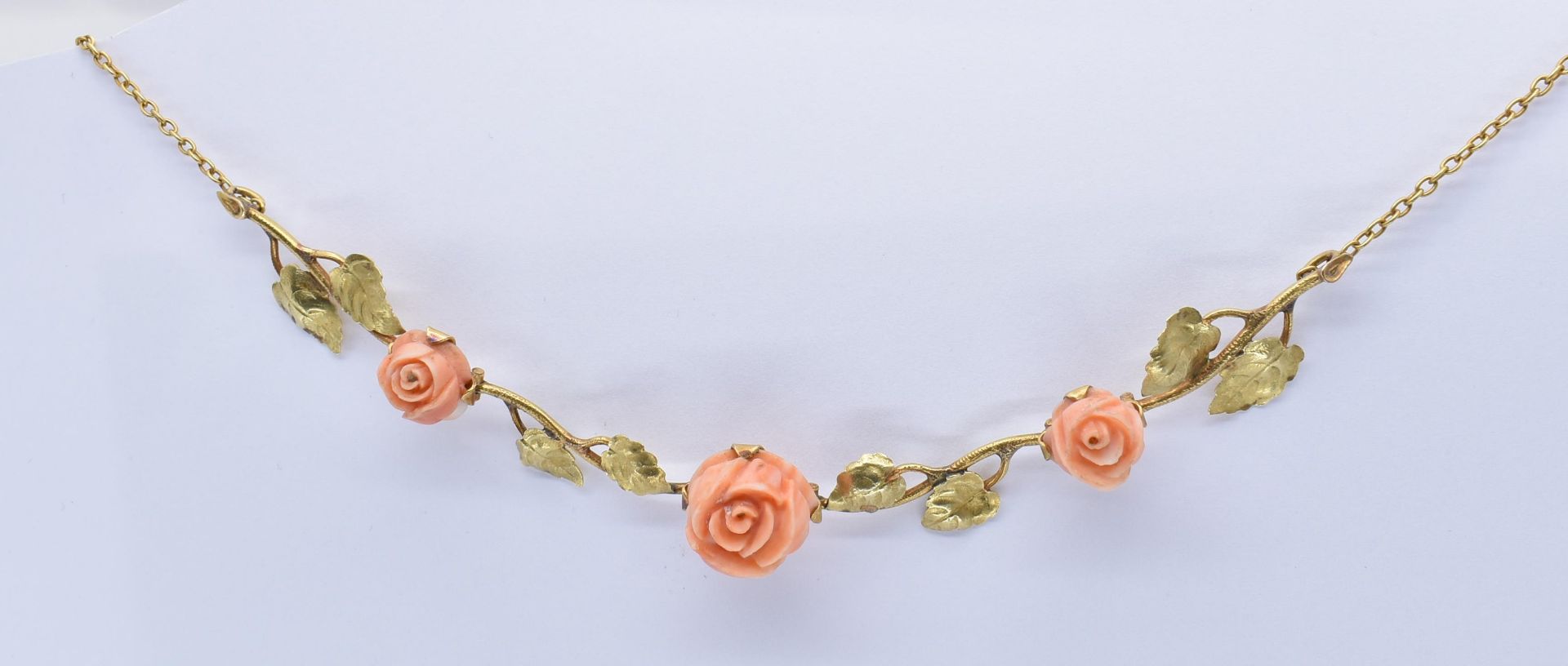 FRENCH ART NOUVEAU 18CT GOLD CARVED CORAL GARLAND NECKLACE