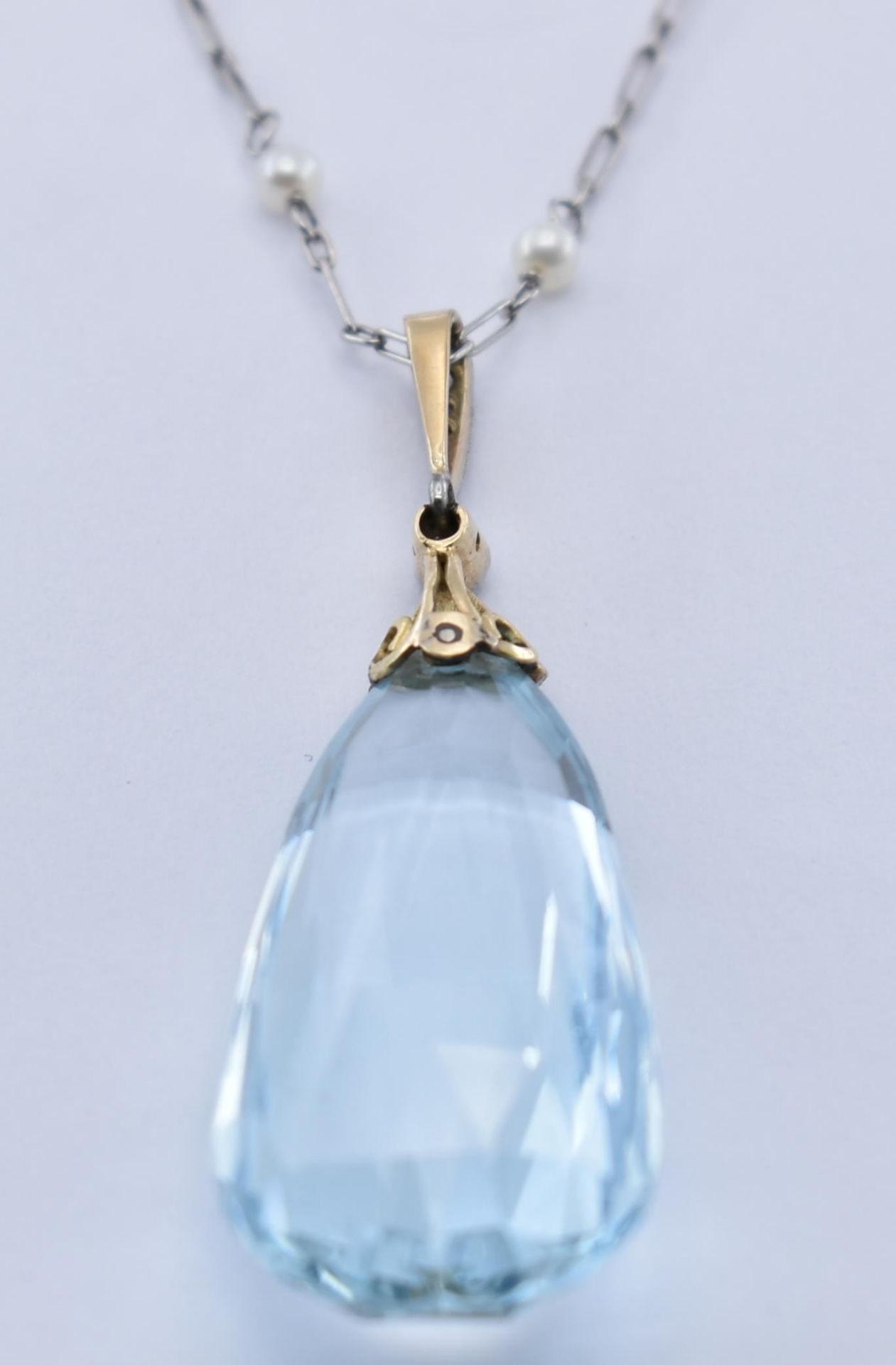 GOLD PEARL & AQUAMARINE PENDANT AND NECKLACE CHAIN - Image 6 of 6