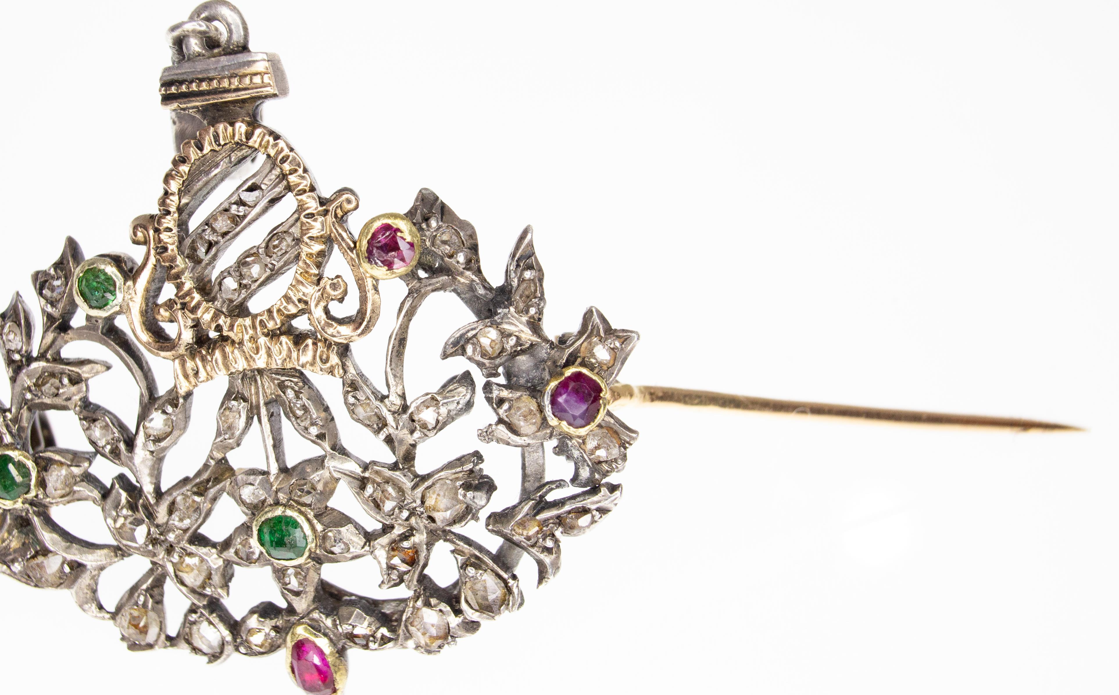 FRENCH ANTIQUE EMERALD RUBY DIAMOND PENDANT BROOCH - Image 5 of 6