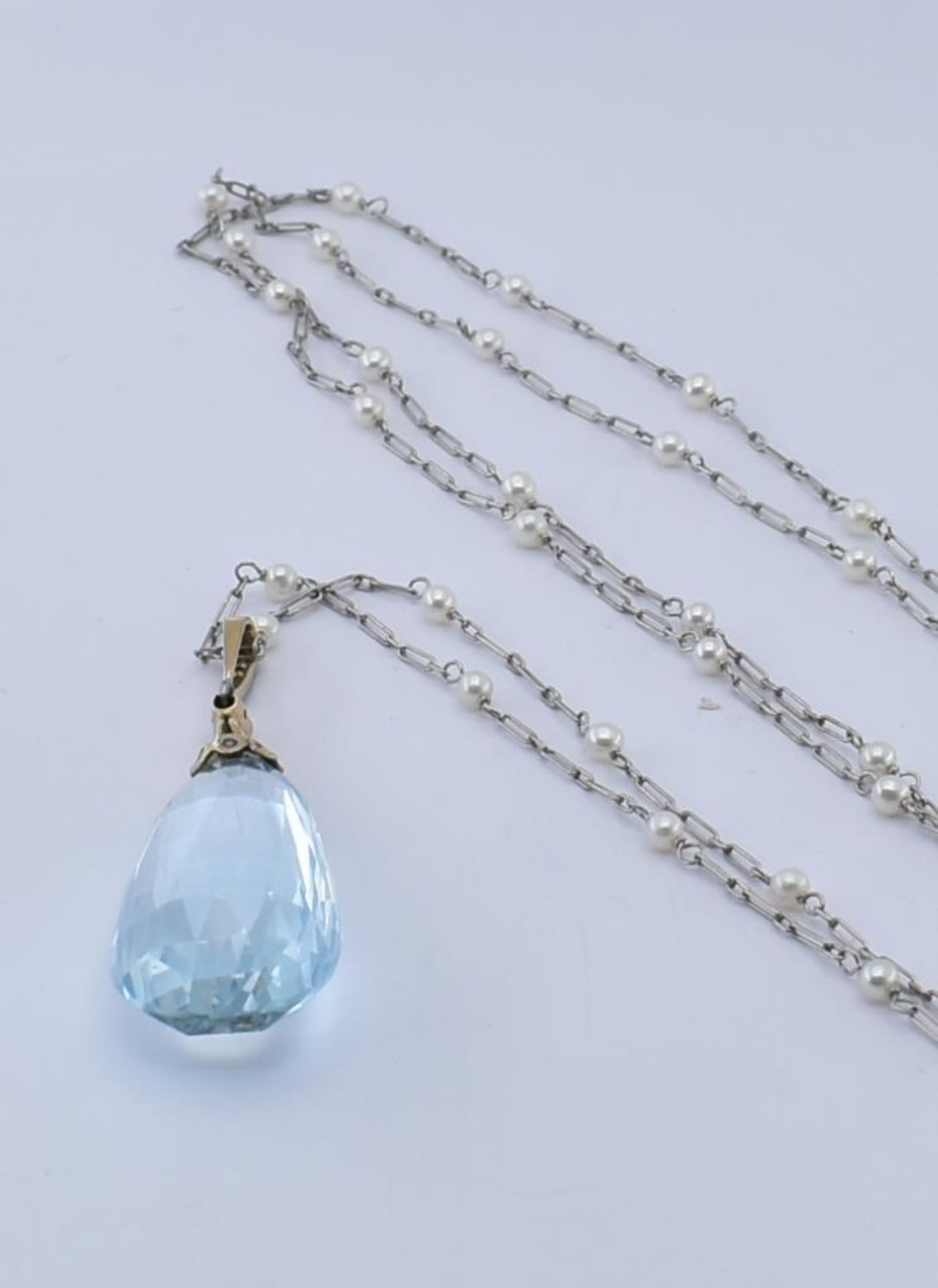 GOLD PEARL & AQUAMARINE PENDANT AND NECKLACE CHAIN - Image 3 of 6