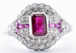 18CT WHITE GOLD RUBY AND DIAMOND CLUSTER RING