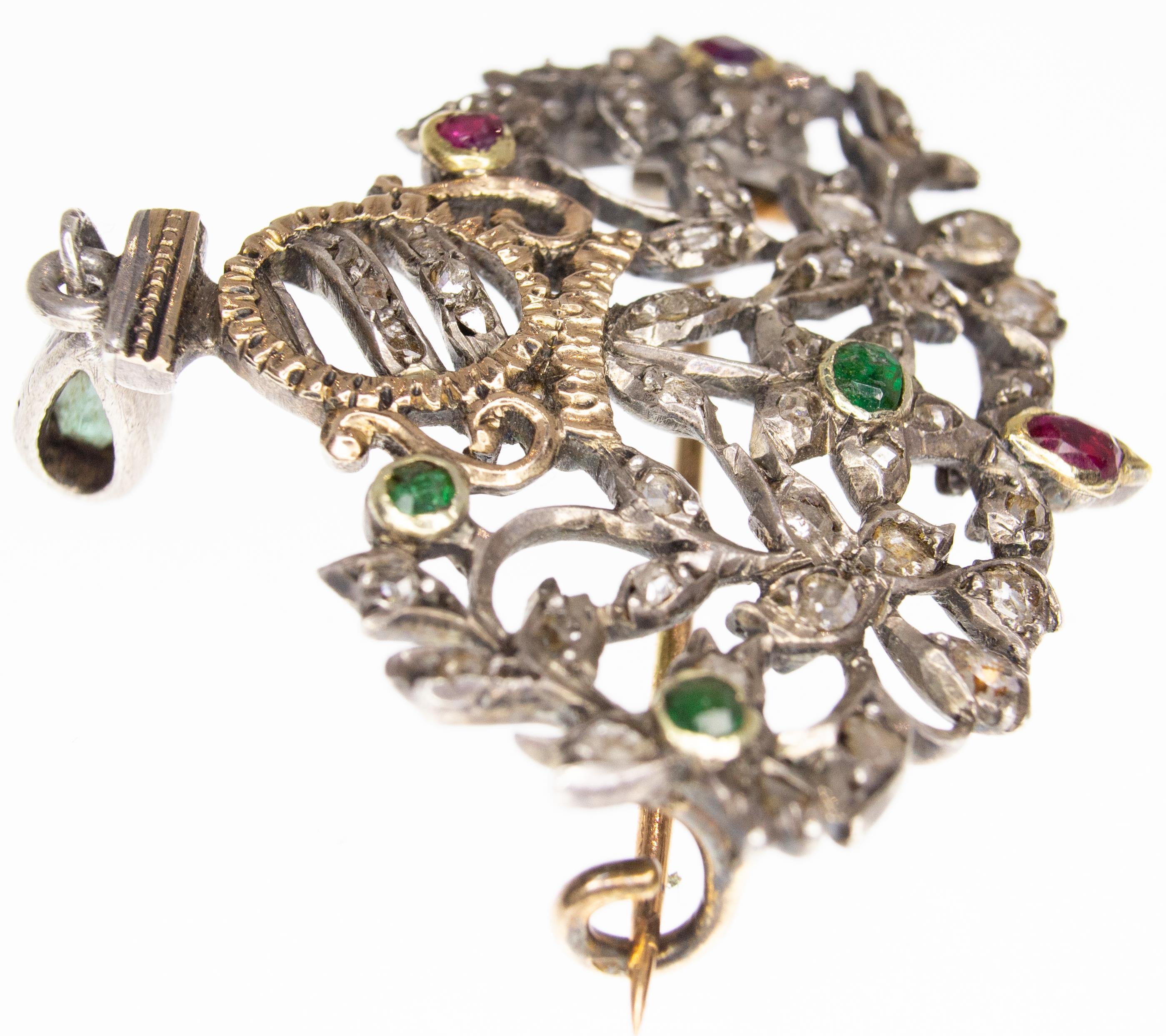 FRENCH ANTIQUE EMERALD RUBY DIAMOND PENDANT BROOCH - Image 2 of 6