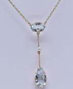 ANTIQUE GOLD & AQUAMARINE PEARL PENDANT NECKLACE