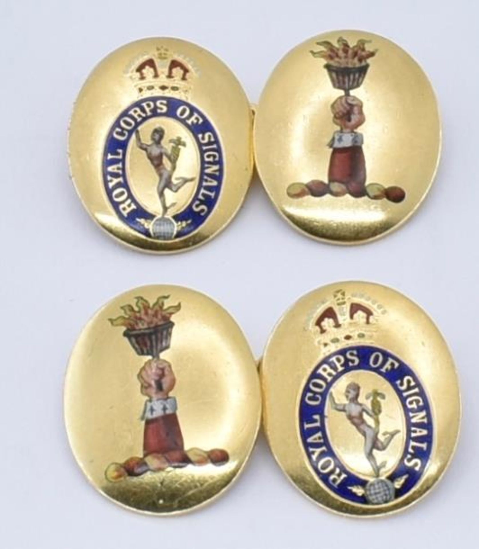 PAIR OF 18CT GOLD AND ENAMEL ROYAL SIGNAL CORPS CUFFLINKS