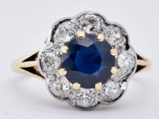 18CT GOLD SAPPHIRE AND DIAMOND CLUSTER RING