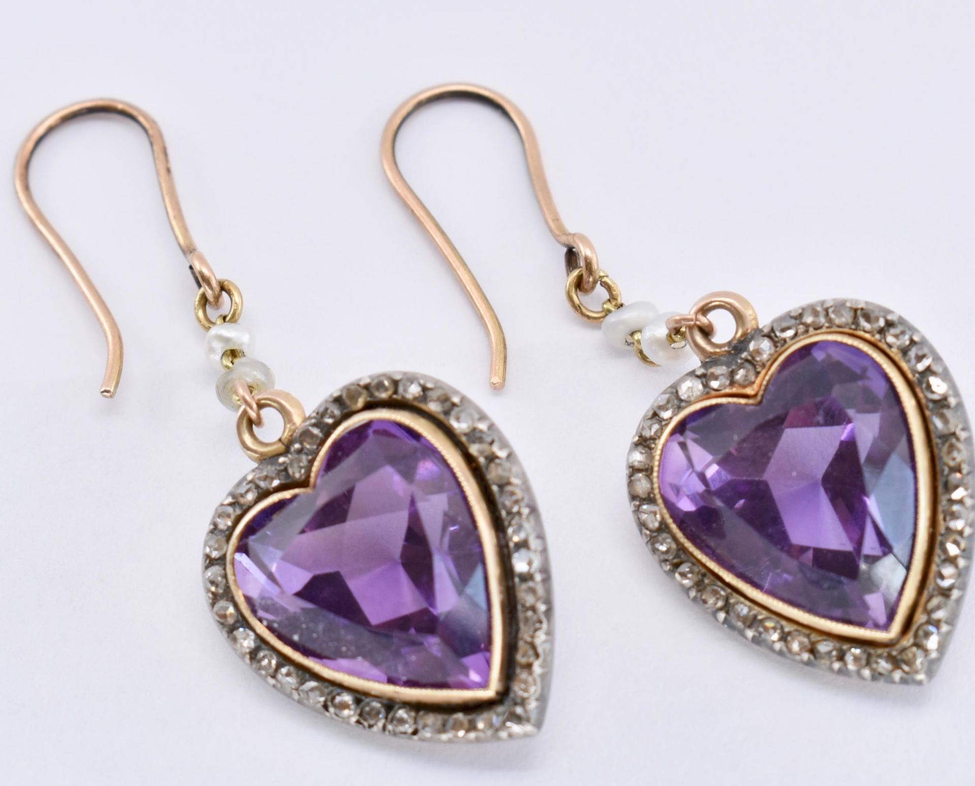 ANTIQUE 15CT GOLD AMETHYST DIAMOND PEARL EARRINGS - Image 3 of 4