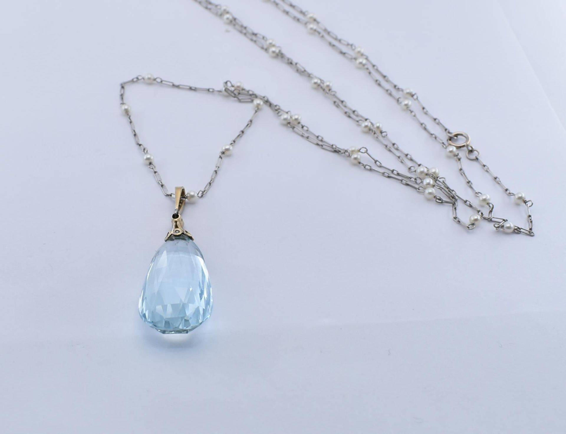 GOLD PEARL & AQUAMARINE PENDANT AND NECKLACE CHAIN - Image 4 of 6