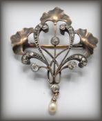 ART NOUVEAU GINKO LEAF GOLD PEARL & DIAMOND BROOCH PIN