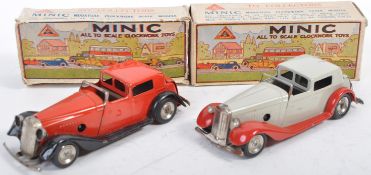 TWO VINTAGE TRI-ANG MINIC TOYS CLOCKWORK TIN PLATE CARS