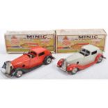 TWO VINTAGE TRI-ANG MINIC TOYS CLOCKWORK TIN PLATE CARS