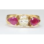 22CT GOLD THREE STONE DIAMOND AND RUBY RING