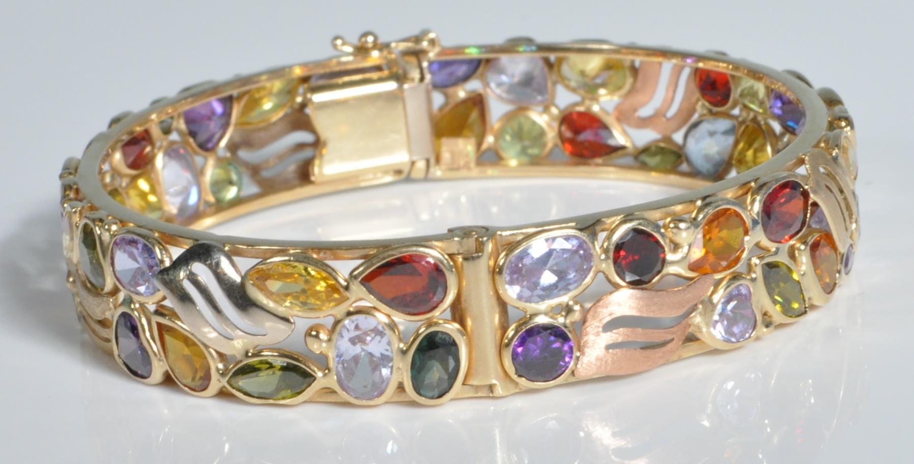 14CT GOLD MULTI COLOURED STONE BANGLE BRACELET - Image 2 of 8