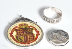 SILVER HALLMARKED LOCKET, MIZPAH RING & ENAMEL CROWN