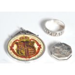 SILVER HALLMARKED LOCKET, MIZPAH RING & ENAMEL CROWN