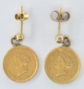 PAIR OF 1851 GOLD DOLLAR COIN EARRINGS