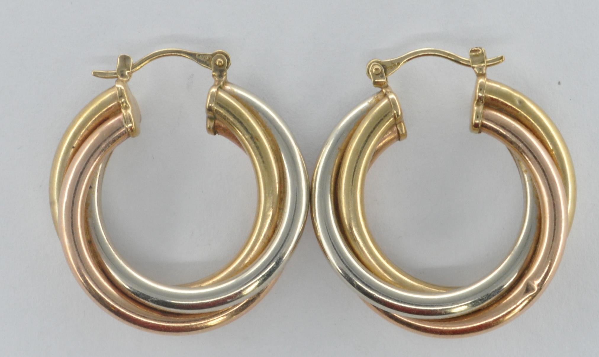 9CT GOLD THREE TONE HOOP EARRINGS - Image 4 of 5