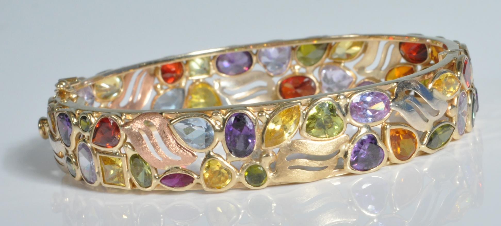 14CT GOLD MULTI COLOURED STONE BANGLE BRACELET