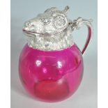 J D & S SILVER PLATED RAMS HEAD DECANTER WITH CRANBERRY GLASS