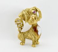 18CT GOLD RUBY DIAMOND & ENAMEL DOG BROOCH