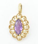 RETRO 9CT GOLD AMETHYST AND HALF PEARL CLUSTER PENDANT