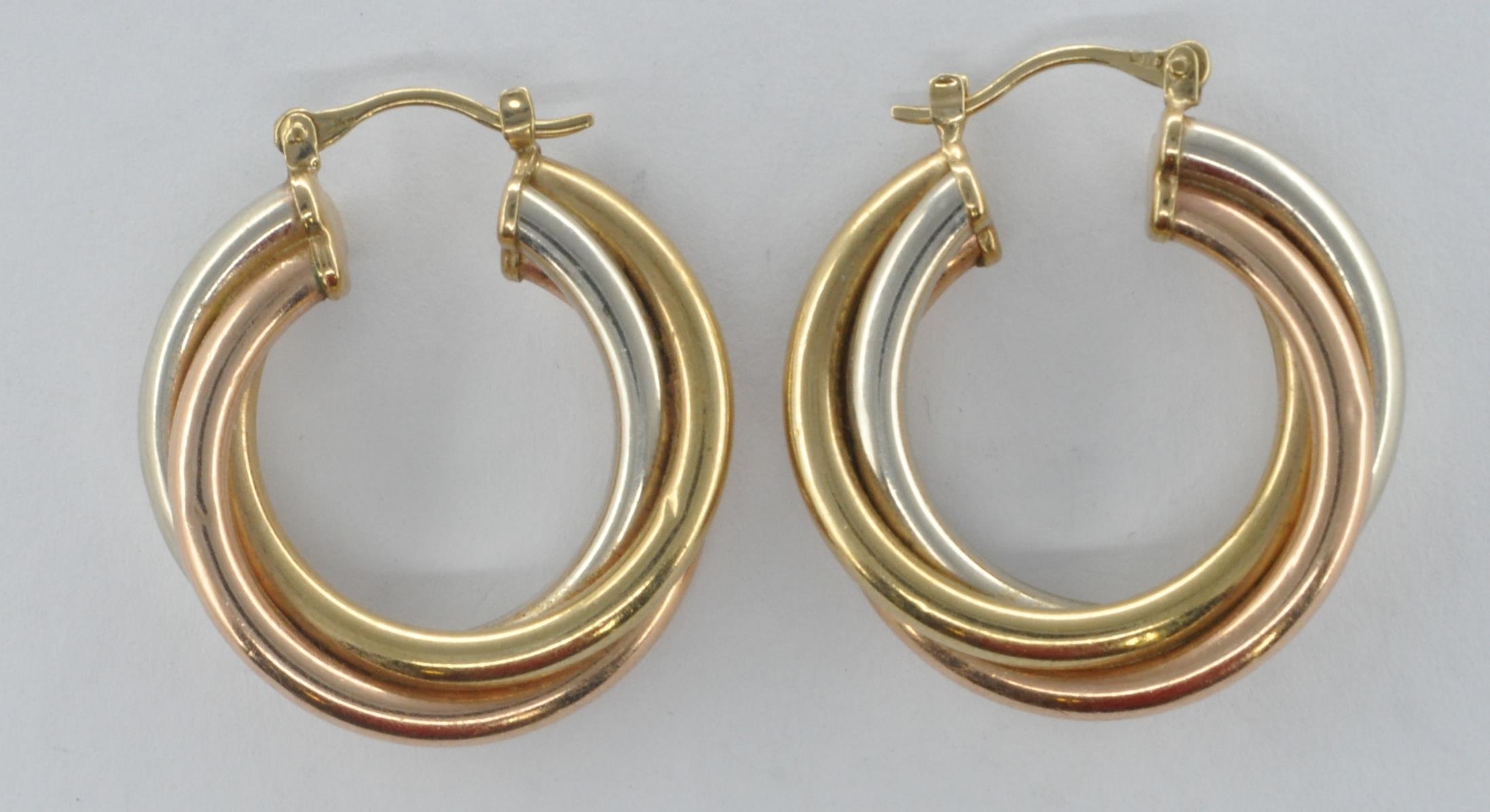 9CT GOLD THREE TONE HOOP EARRINGS - Image 2 of 5