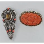 TWO 20TH CENTURY SILVER / WHITE METAL AND CORAL BROOCHES