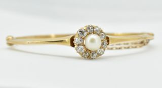 FRENCH 18CT GOLD DIAMOND & PEARL HINGED BANGLE