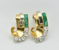 PAIR ART DECO 18CT GOLD EMERALD & DIAMONDS CLIPS