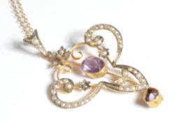 EDWARDIAN ANTIQUE 9CT GOLD AMETHYST AND PEARL NECKLACE