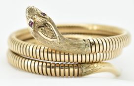 9CT GOLD & RUBY SET SNAKE BANGLE - BRACELET