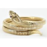 9CT GOLD & RUBY SET SNAKE BANGLE - BRACELET