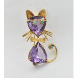 18CT GOLD AMETHYST & TURQUOISE CAT BROOCH