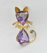 18CT GOLD AMETHYST & TURQUOISE CAT BROOCH