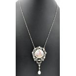 18CT GOLD PEARL & ENAMEL DIAMOND PENDANT NECKLACE