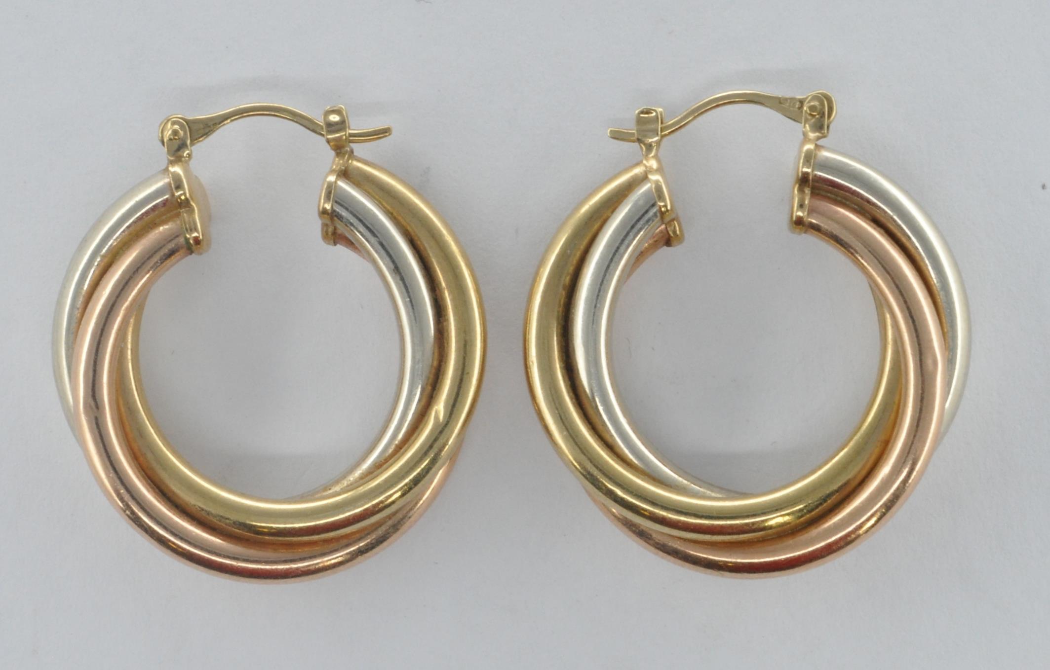 9CT GOLD THREE TONE HOOP EARRINGS - Image 3 of 5